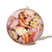 Antique Print Wild Cherry Blossom Flower Fairy Silver 30mm Glass Pendant