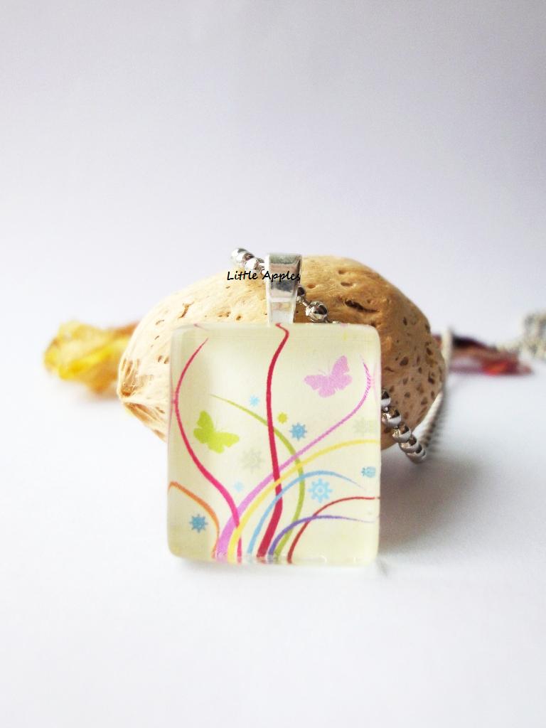 Spring Butterfly Yellow Square Scabble Glass Tile Pendant