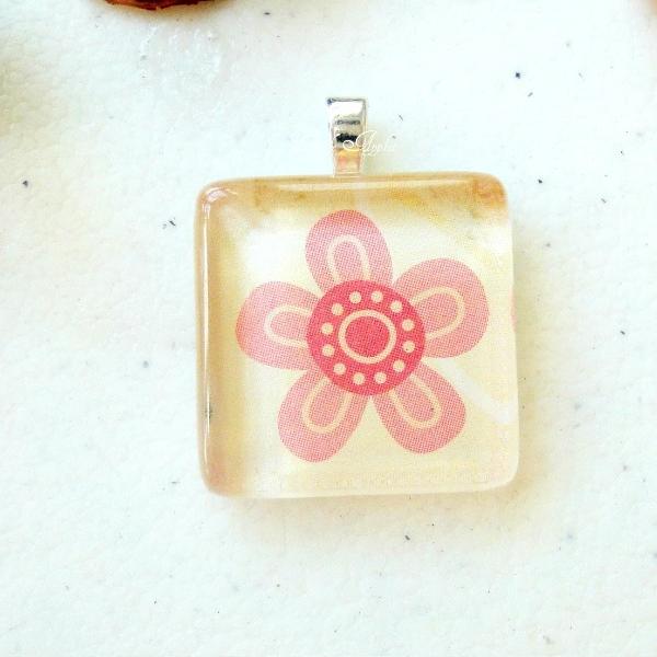 Sweet Pink Flower Square Glass Tile Pendant 7/8 Inch on Luulla